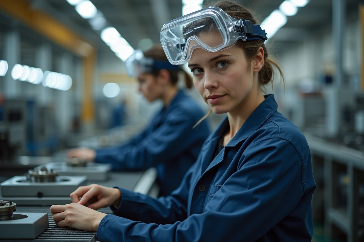 Jeune femme inspectant composants dans usine de d&eacute;fense