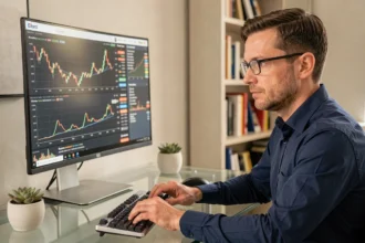 Homme analysant des graphiques de cryptomonnaies sur la plateforme eToro depuis son bureau à domicile