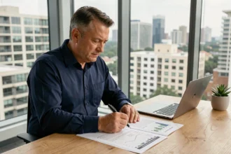 Investisseur immobilier analysant des documents de placement en SCPI à son bureau en ville