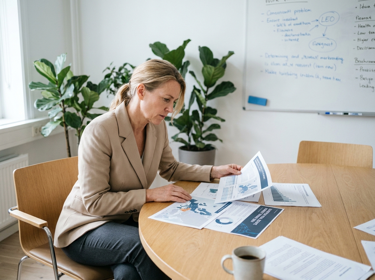 Femme investisseuse étudiant des documents de répartition immobilière européenne pour une SCPI dans une salle de réunion moderne