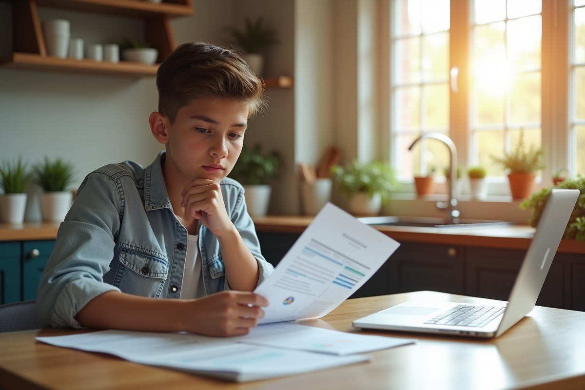 Jeune adulte à la cuisine examine documents financiers