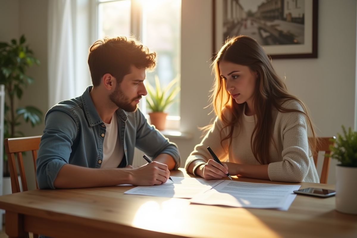 Jeune couple signant un contrat d'hypothèque dans une cuisine lumineuse