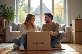 Jeune couple déballant une boîte de cuisine dans un salon lumineux