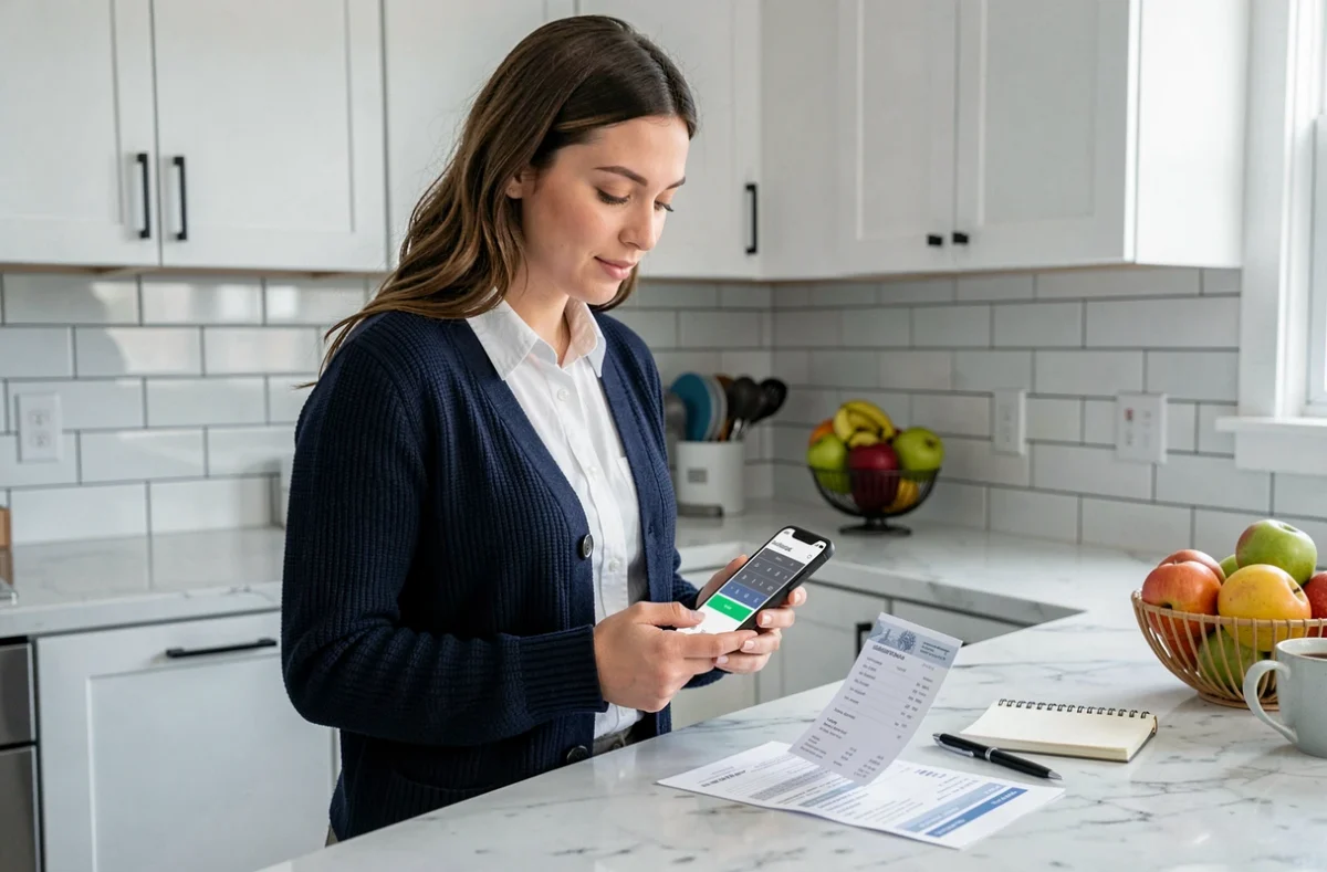 Jeune enseignante consultant une simulation de salaire sur smartphone avec sa fiche de paie