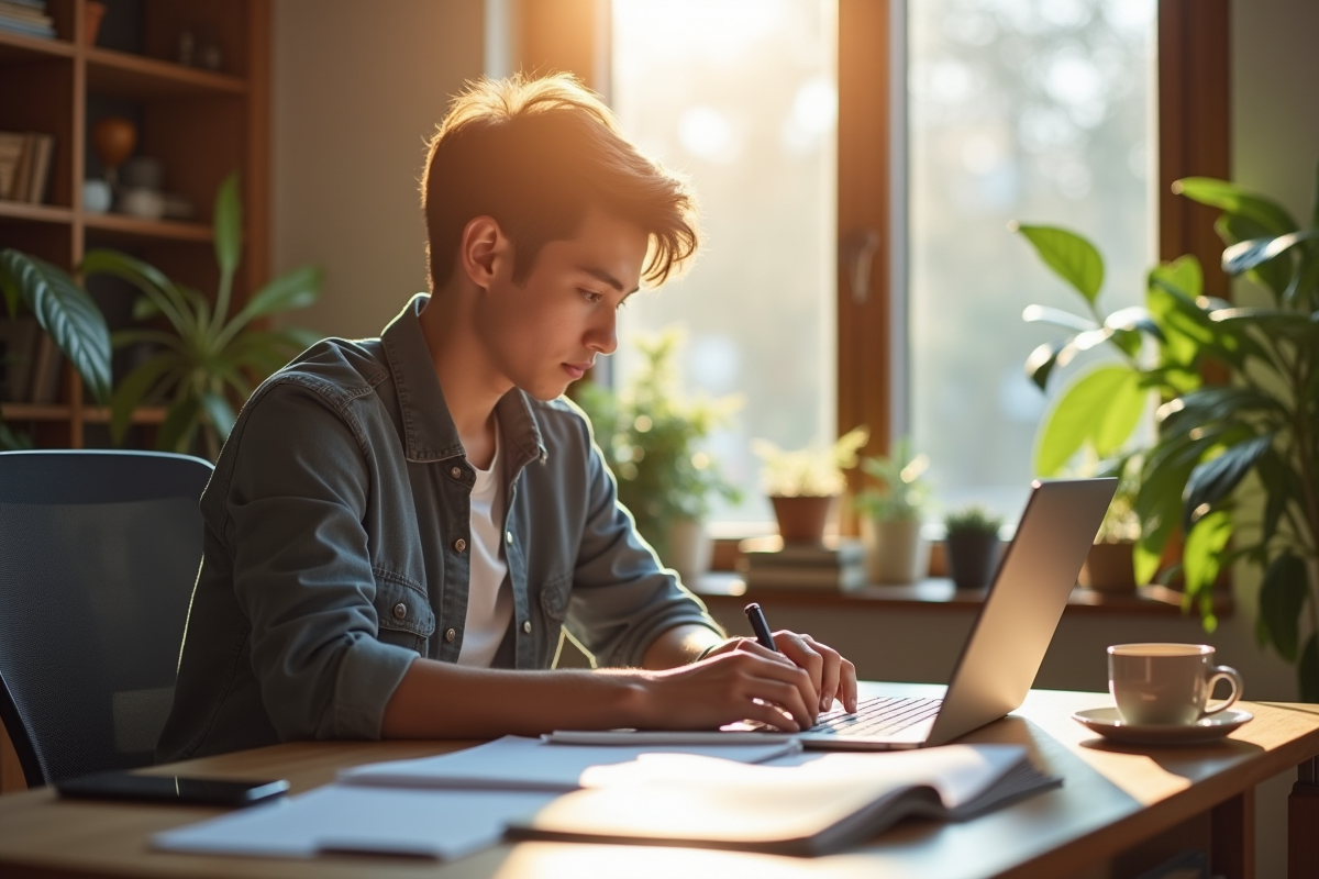 Jeune entrepreneur travaillant à un bureau lumineux à domicile