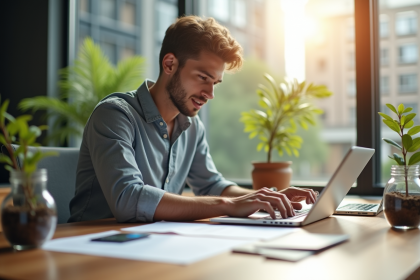 Jeune entrepreneur confiant analysant des documents financiers