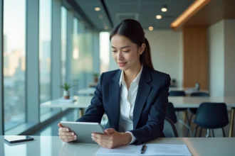 Jeune femme professionnelle examine un contrat sur une tablette
