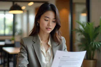 Jeune femme en alternance consultant son contrat de travail CDD dans un bureau moderne, illustrant la différence entre salaire brut et net