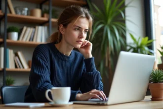Jeune femme débutante explorant un site de bourse et d'apprentissage financier sur son ordinateur portable à domicile