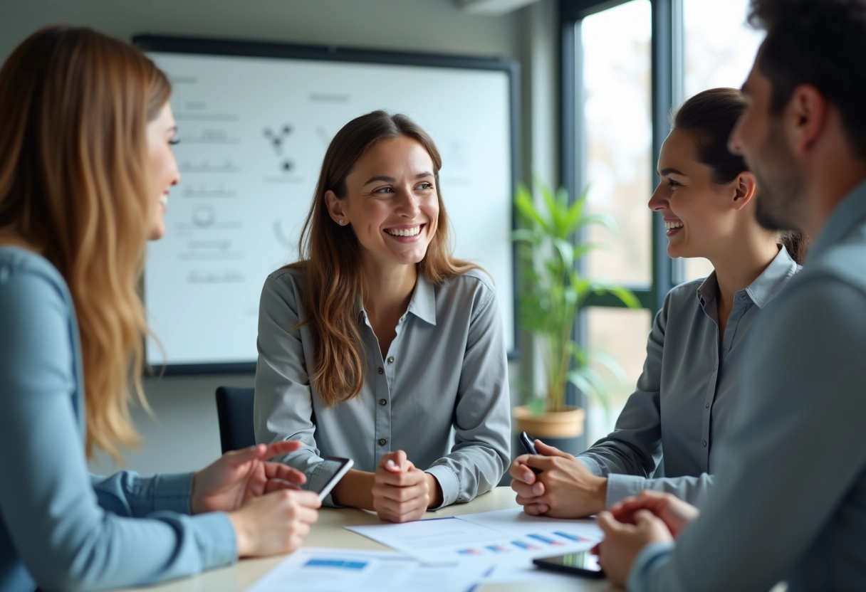 Jeune femme entrepreneure souriante discute avec equipe