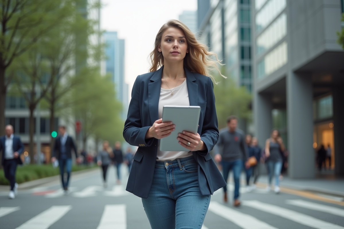 Jeune entrepreneure marchant dans la ville avec une tablette