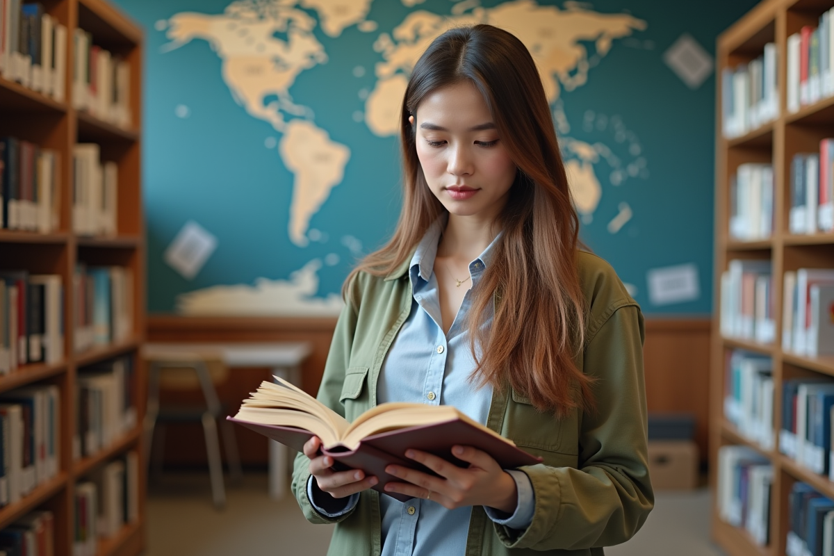Jeune femme étudiant un livre sur l