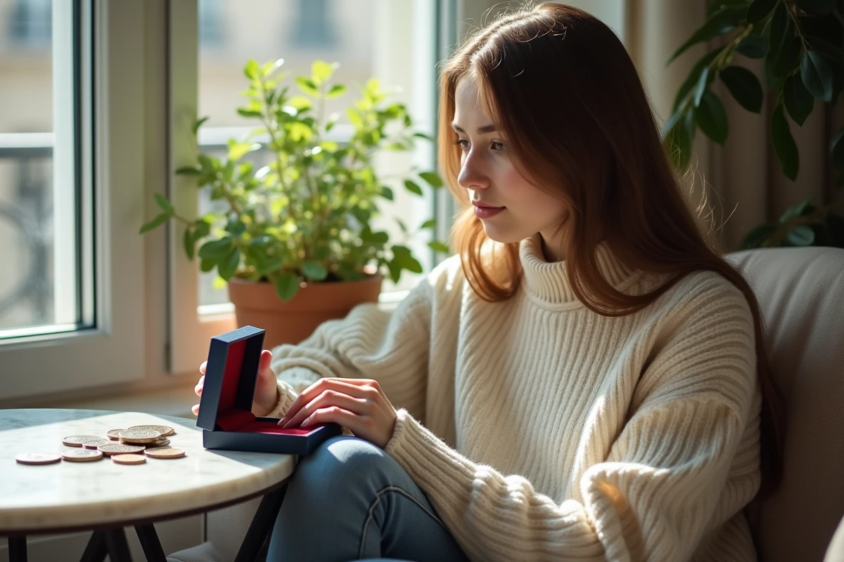 Jeune femme tenant une pi&egrave;ce de 50 Francs Hercules 1977