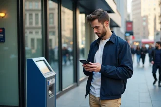 Jeune homme utilisant une application ATM en ville