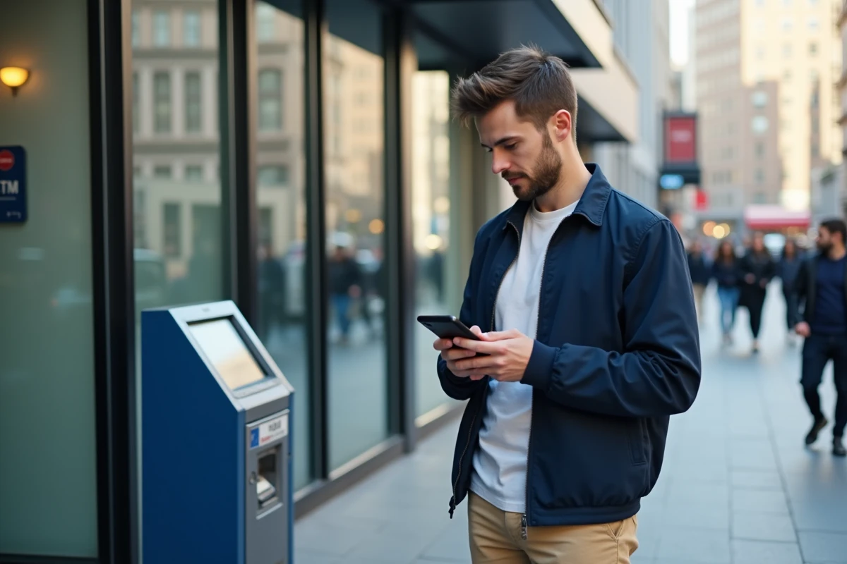Jeune homme utilisant une application ATM en ville