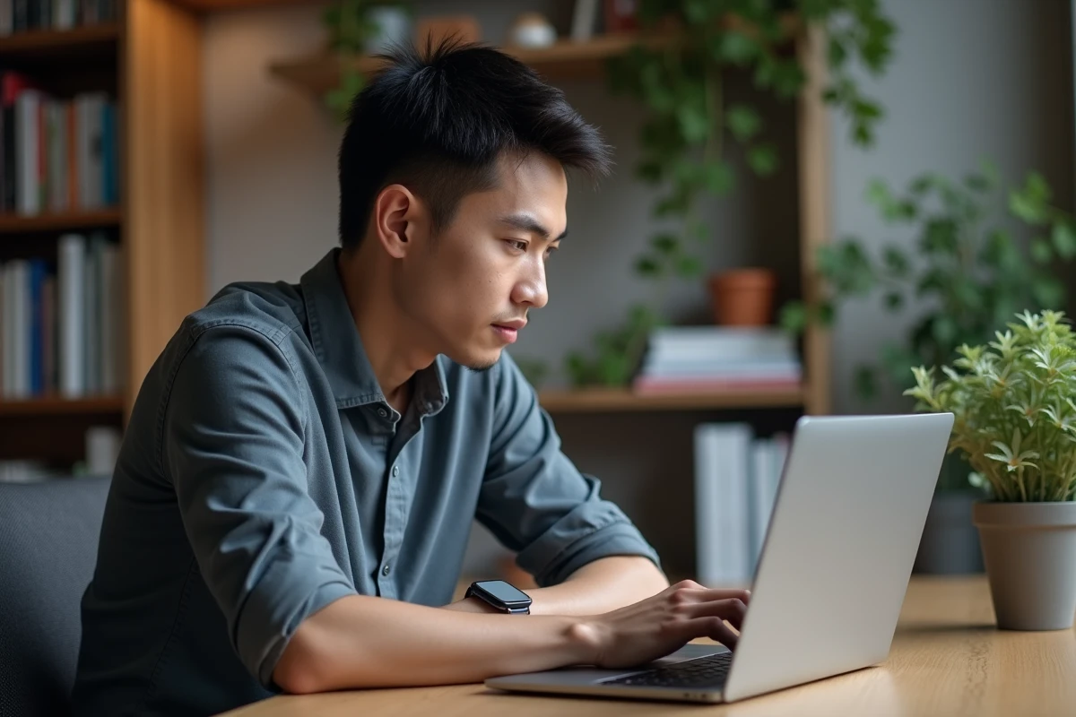 Jeune homme au bureau avec ordinateur portable