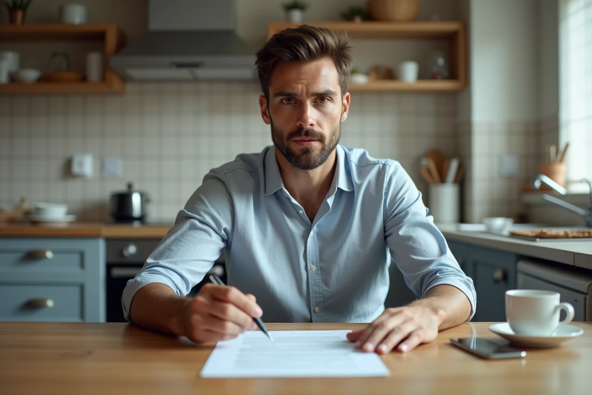 Jeune homme vérifiant un contrat bancaire à la maison