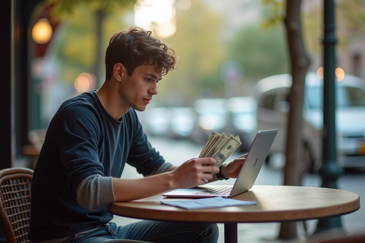 Jeune homme analysant des données financières avec des dollars