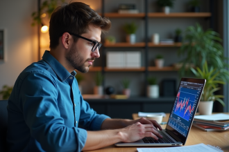 Jeune homme étudie un ordinateur avec graphiques blockchain