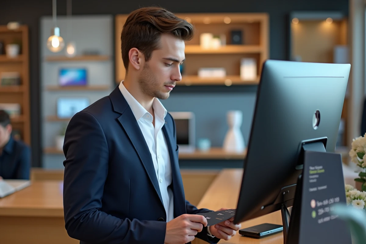 Jeune homme insérant un bon UpCadhoc dans un terminal électronique