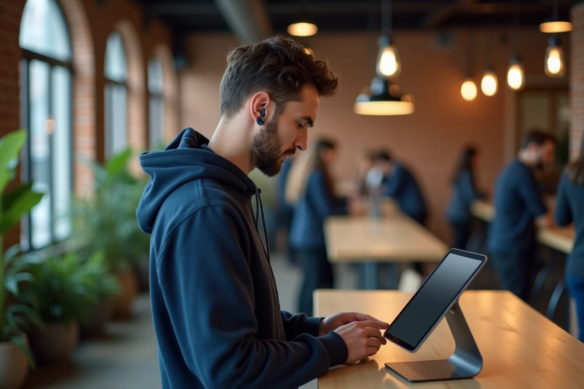 Jeune homme saisissant ses informations de paiement PayPal sur une tablette dans un espace de coworking