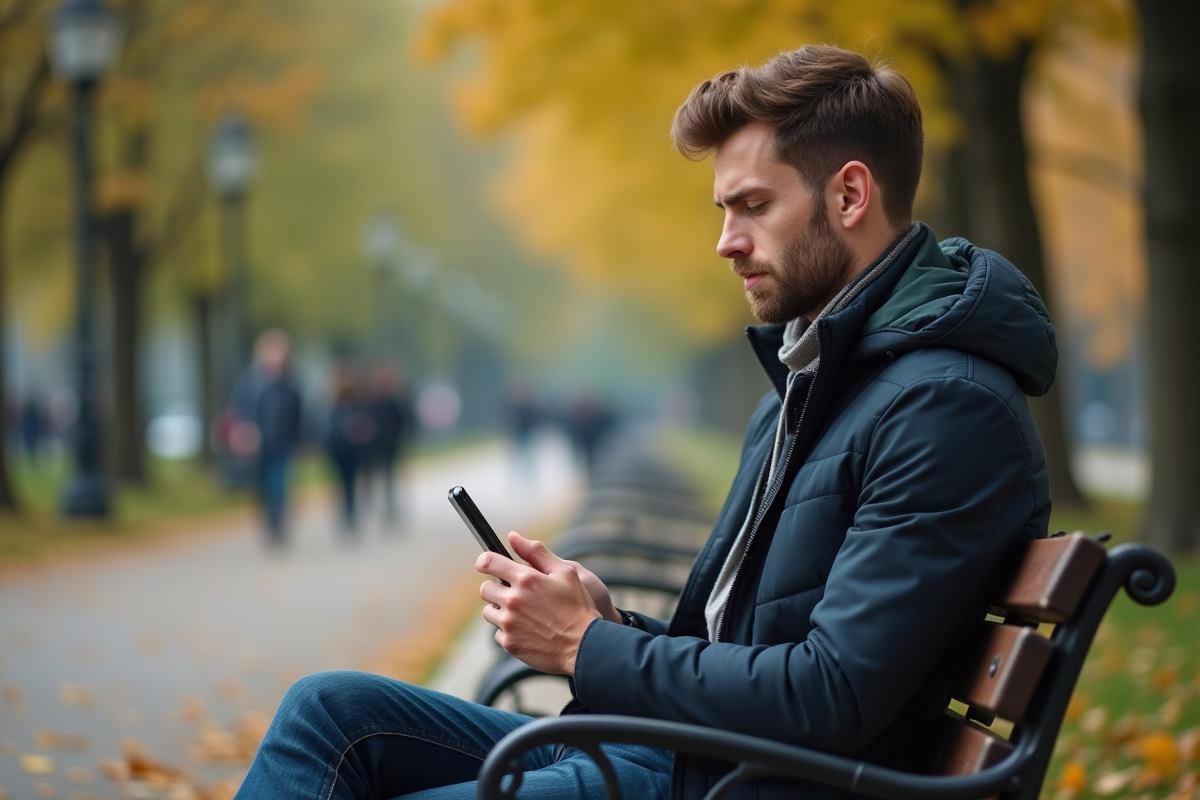 Jeune homme pense sur un banc dans un parc en automne