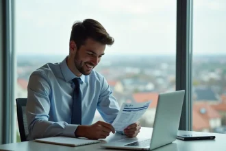 Jeune homme en costume examine sa fiche de salaire au bureau