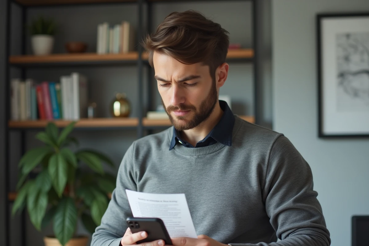 Jeune homme vérifiant son smartphone avec document bancaire à la main