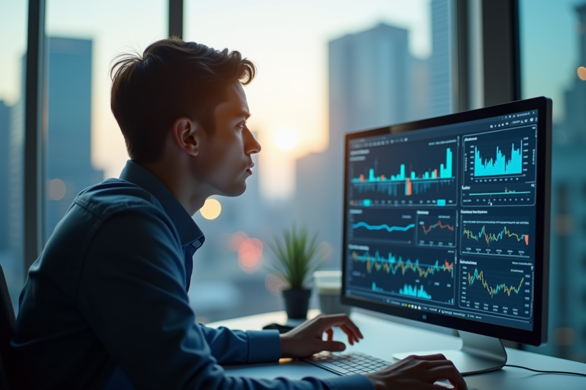 Jeune professionnel analysant des graphiques avec vue sur la ville
