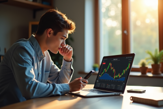 Jeune professionnel analysant la plateforme crypto sur un laptop lumineux