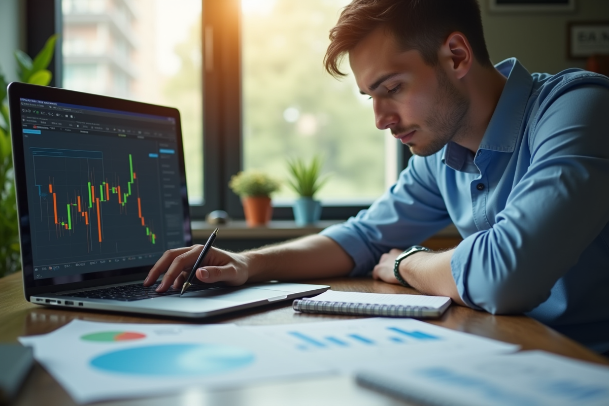 Jeune professionnel analysant des graphiques de cryptomonnaie sur un ordinateur