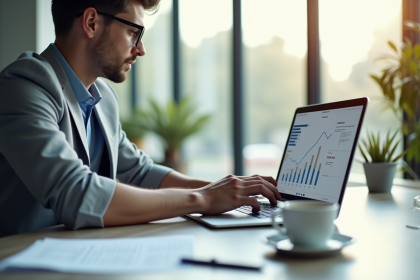 Jeune professionnel comparant graphiques et frais sur un ordinateur moderne