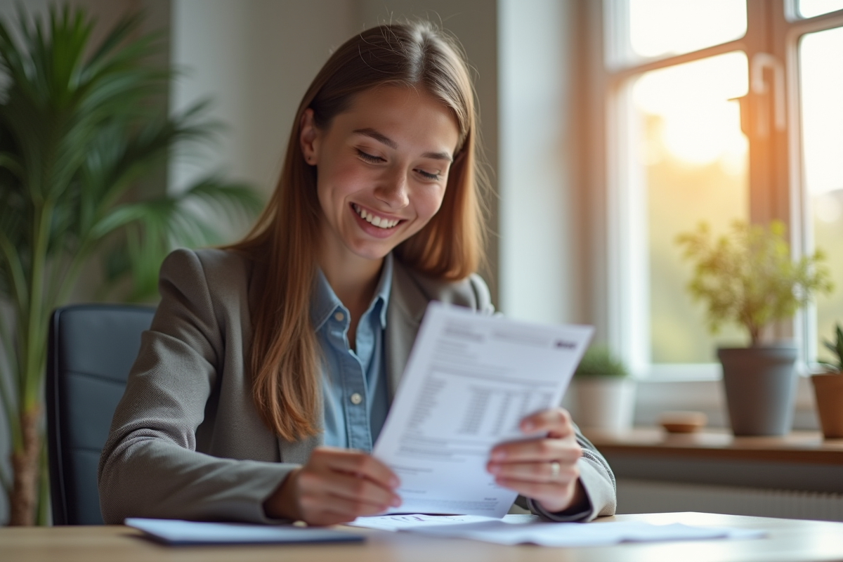 Jeune professionnel souriant examine sa fiche de paie