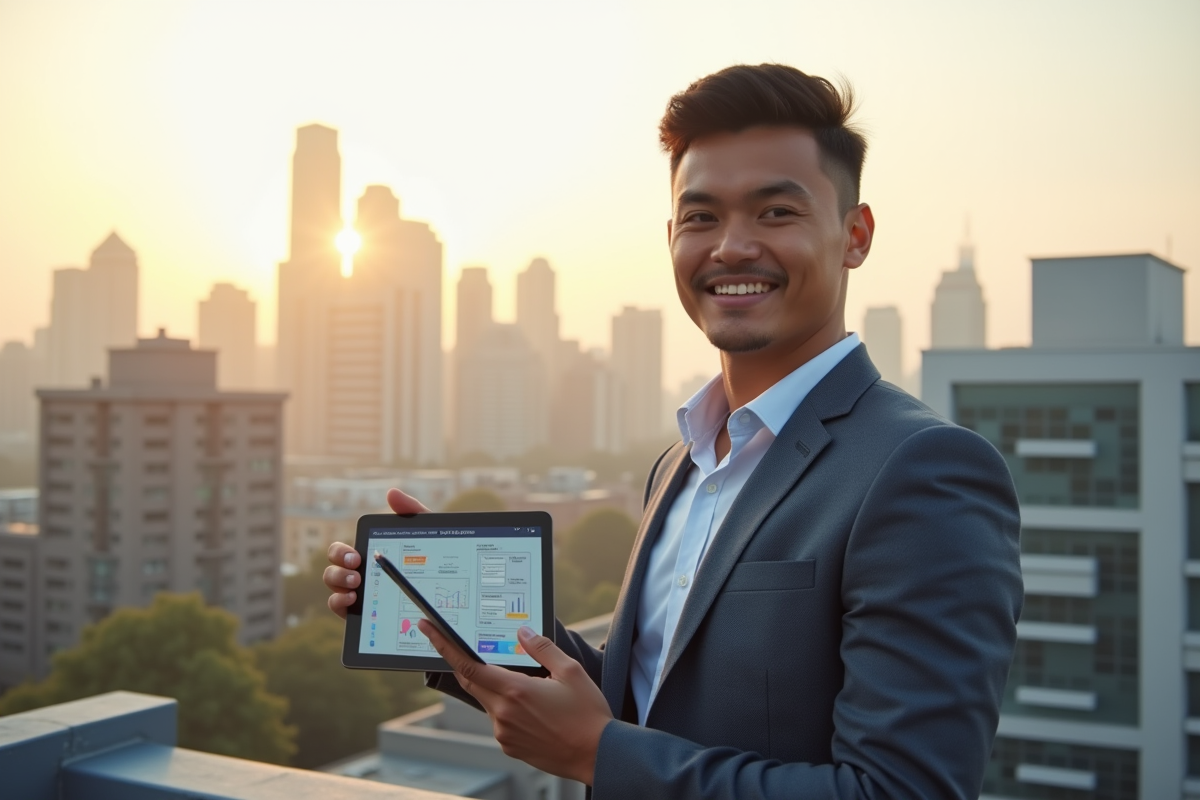 Jeune entrepreneur sur un toit avec une tablette et vue sur la ville