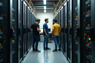 Groupe de jeunes adultes observant des machines de minage Bitcoin en entrepôt