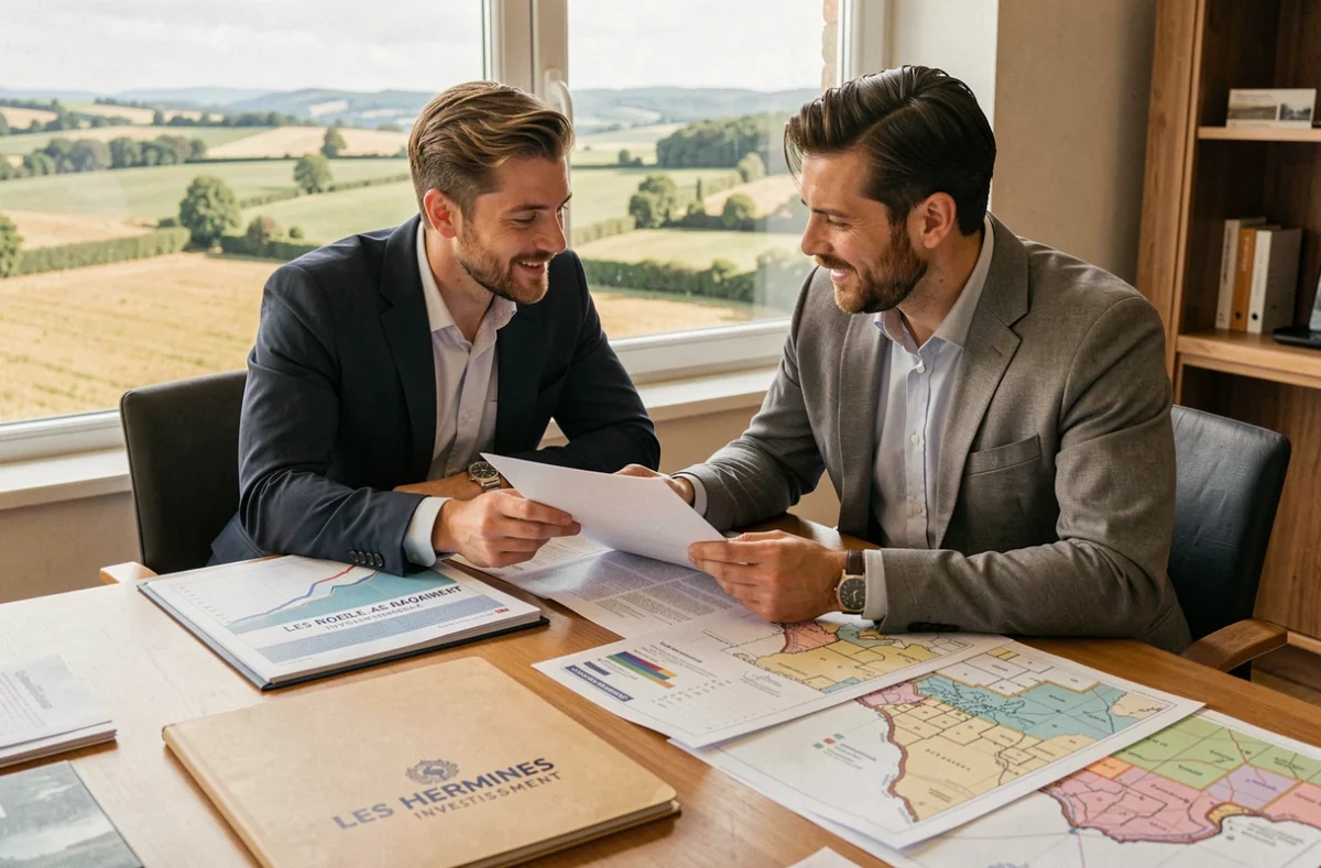 Conseillers des Hermines Investissement collaborant sur des prospectus d'investissement avec vue sur la campagne aquitaine