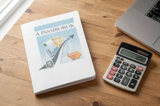 Livret d'épargne et calculatrice posés sur un bureau en bois
