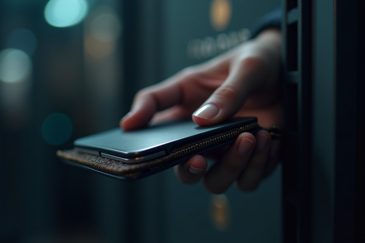 Main insérant un portefeuille hardware dans un coffre-fort lumineux