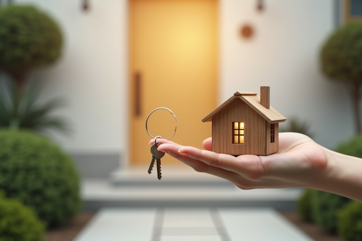 Main tenant une petite maison en bois et des clés devant une entrée moderne