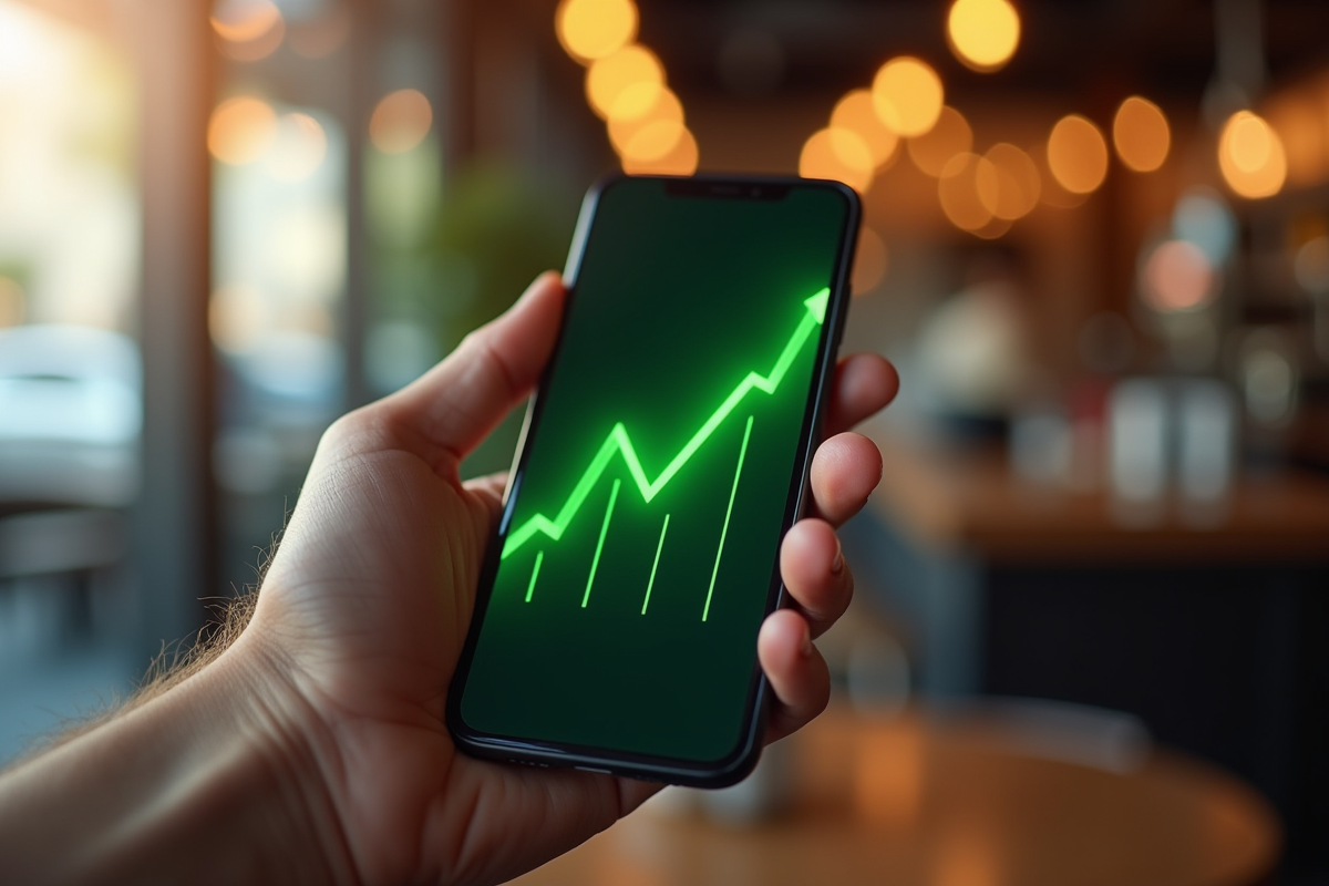 Main tenant un smartphone avec graphique boursier en hausse