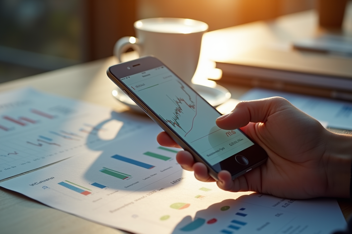 Main tenant un smartphone avec un graphique boursier en hausse sur un bureau