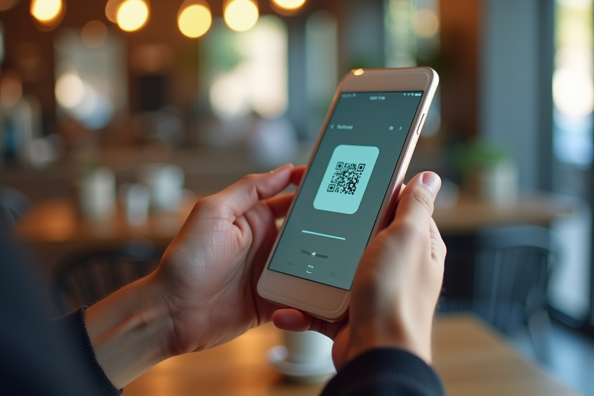 Main tenant un smartphone avec portefeuille digital et QR code