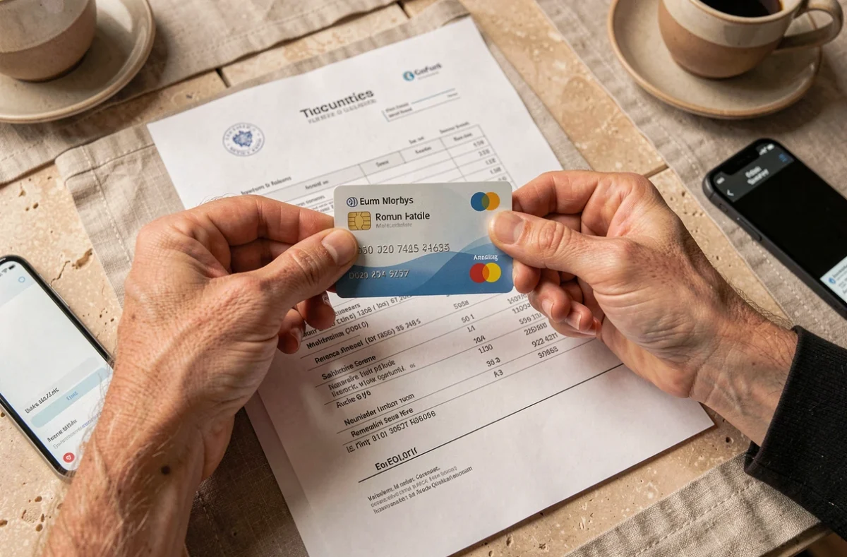 Mains d'un couple tenant ensemble une carte bancaire au-dessus d'un relevé de compte joint, symbolisant la gestion financière partagée