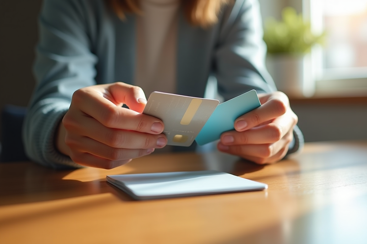 Mains tenant plusieurs cartes bancaires colorées au-dessus d'une table en bois