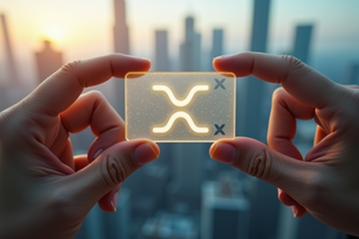 Mains tenant une carte XRP avec ville en arrière-plan