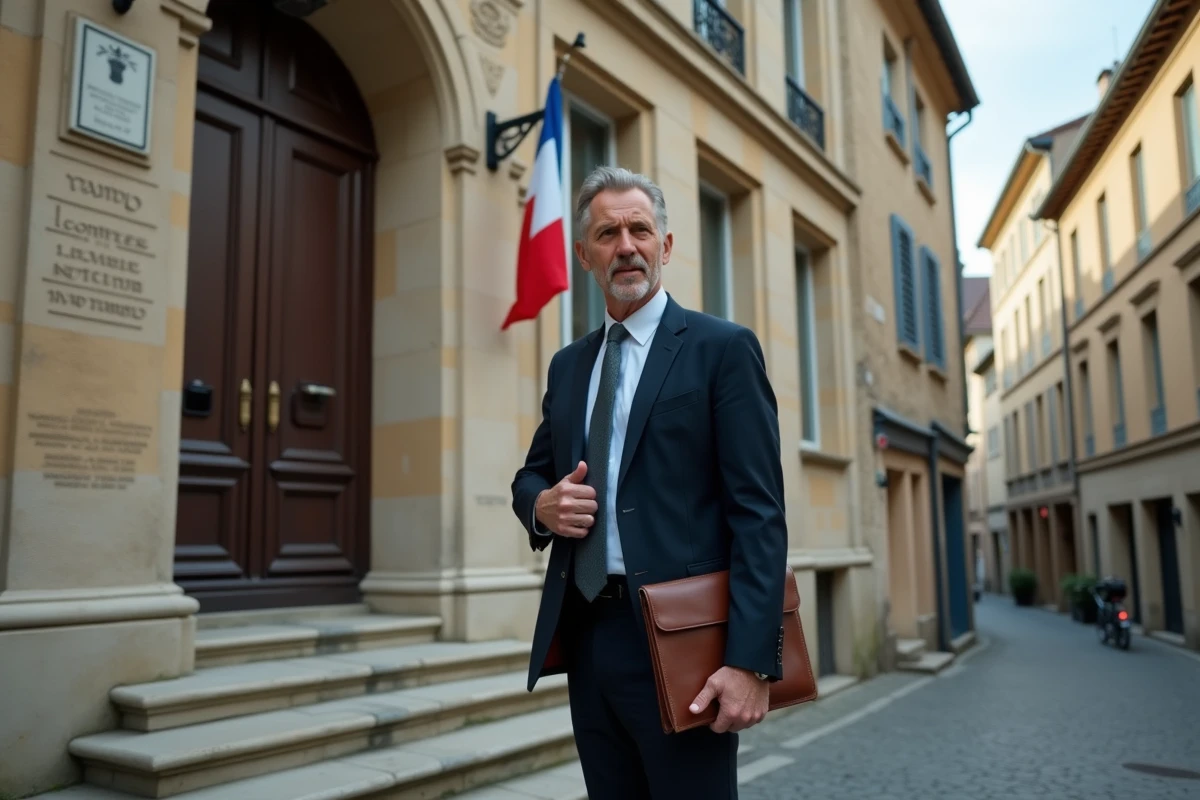 Maire adjoint en costume sombre devant la façade d'une mairie française avec drapeau tricolore