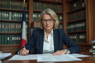 Maire adjointe en blazer marine examinant des documents de salaire dans un bureau municipal français