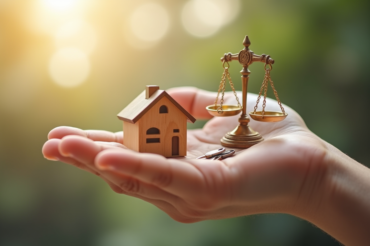 Main tenant une petite maison avec clés et balance de justice