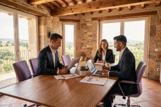 Bureau moderne de conseil en gestion de patrimoine dans le Vaucluse avec des conseillers examinant des documents financiers