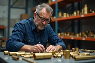 Métallurgiste examinant des pièces en laiton sur une table d'atelier industriel, analyse du prix au kilo du laiton